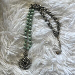 Amulet Pendant Necklace Lucite Turquoise Beads Silver Plated Box Chain 19-21"